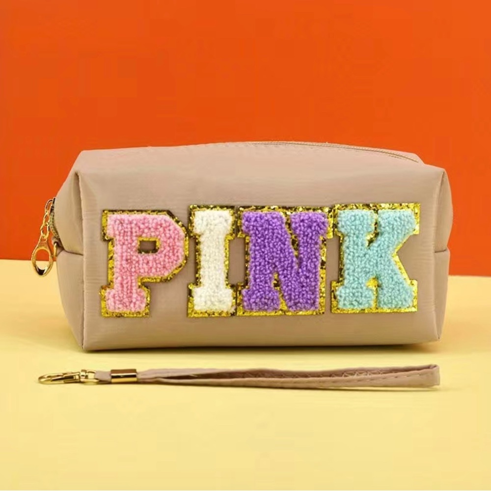 Cosmetic Bag PINK Mocha Color Chenille Embroidered Letters